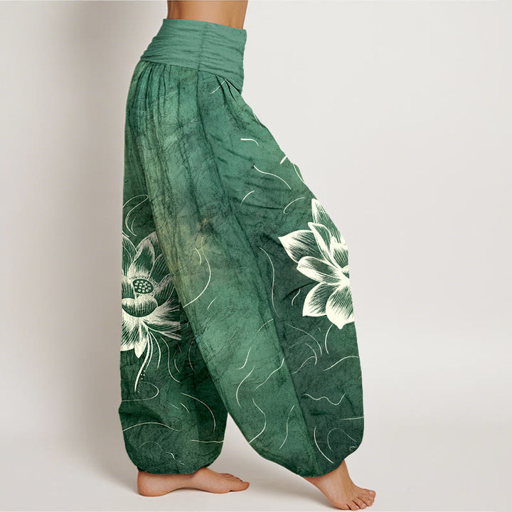 Buddha Stonesピュアコットン 蓮の花柄 レディース 伸縮性ウエスト ハーレムパンツ - image 2
