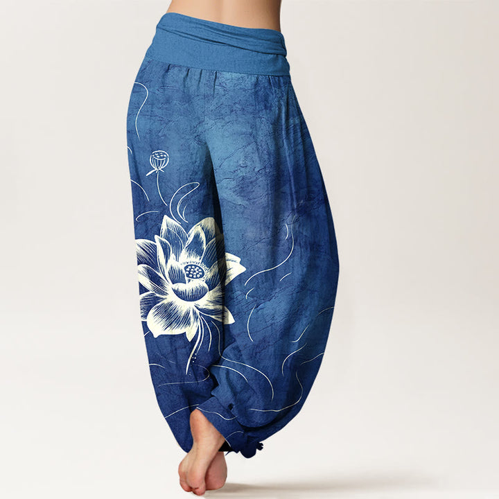 Buddha Stonesピュアコットン 蓮の花柄 レディース 伸縮性ウエスト ハーレムパンツ - image 6