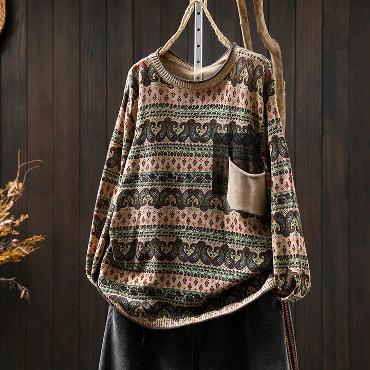 Buddha Stones秋の植物 花柄 クルーネック 長袖 レディース コットン セーター ポケット付き - アンティークホワイト - US4-6、 UK/AU8-10、 EU36-38 (F) - image 0