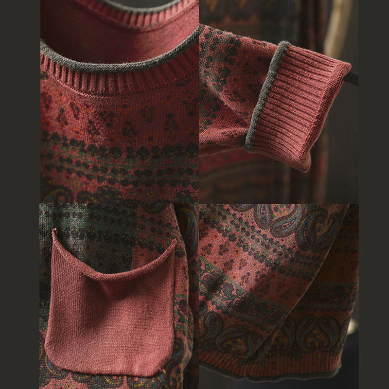 Buddha Stones秋の植物 花柄 クルーネック 長袖 レディース コットン セーター ポケット付き - image 12