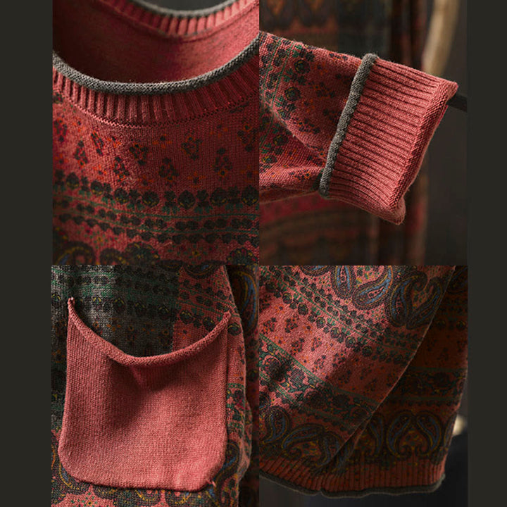 Buddha Stones秋の植物 花柄 クルーネック 長袖 レディース コットン セーター ポケット付き - image 12