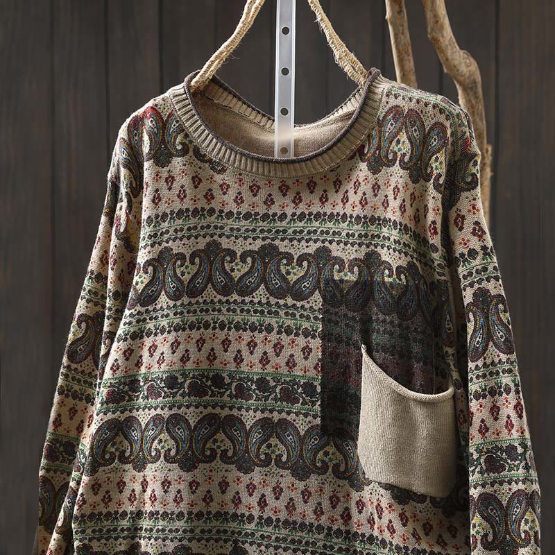 Buddha Stones秋の植物 花柄 クルーネック 長袖 レディース コットン セーター ポケット付き - image 1