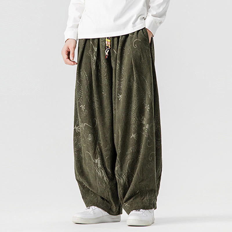 Buddha Stones冬 龍 鳳凰柄 コットンコーデュロイ メンズ ハーレムパンツ ポケット付き - image 2