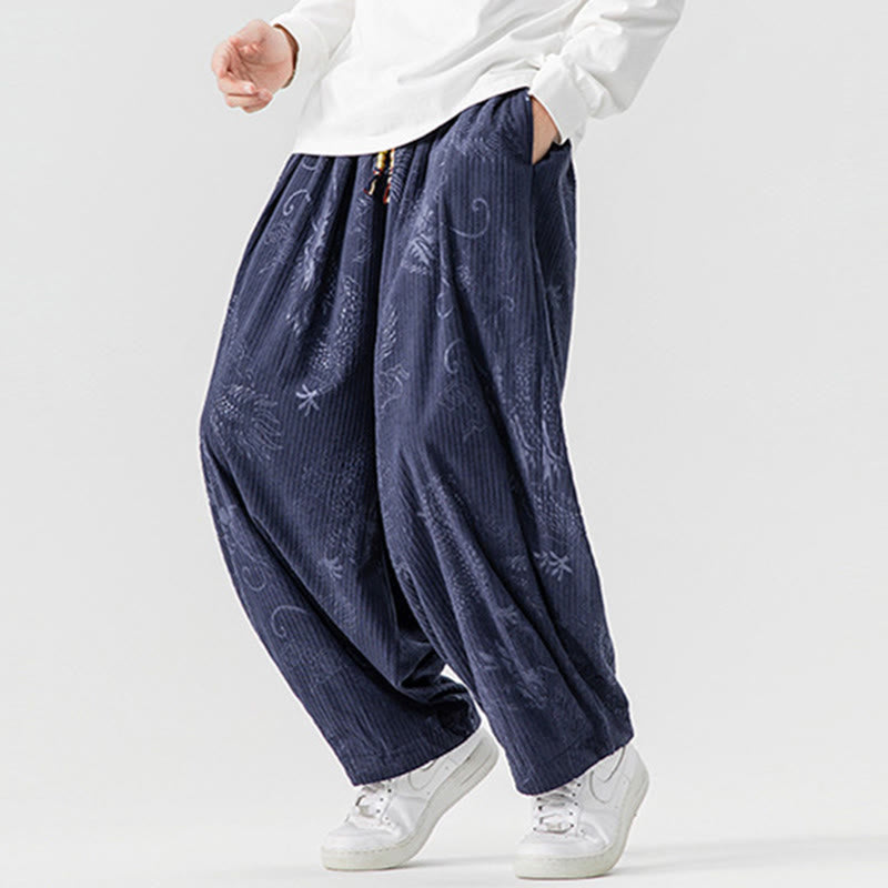Buddha Stones冬 龍 鳳凰柄 コットンコーデュロイ メンズ ハーレムパンツ ポケット付き - image 22