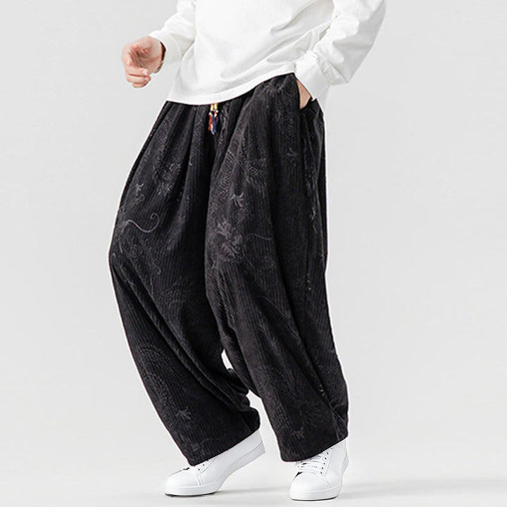 Buddha Stones冬 龍 鳳凰柄 コットンコーデュロイ メンズ ハーレムパンツ ポケット付き - image 36