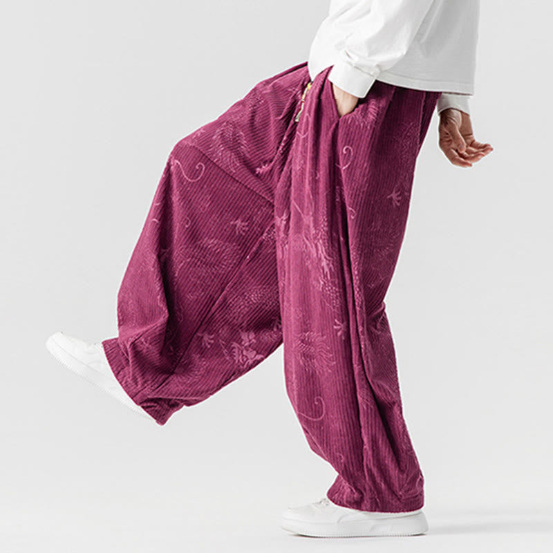 Buddha Stones冬 龍 鳳凰柄 コットンコーデュロイ メンズ ハーレムパンツ ポケット付き - image 15