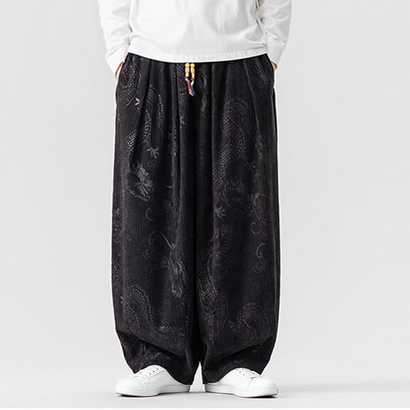Buddha Stones冬 龍 鳳凰柄 コットンコーデュロイ メンズ ハーレムパンツ ポケット付き - 黒 - US/UK/AU46、 EU56 (5XL) - image 31