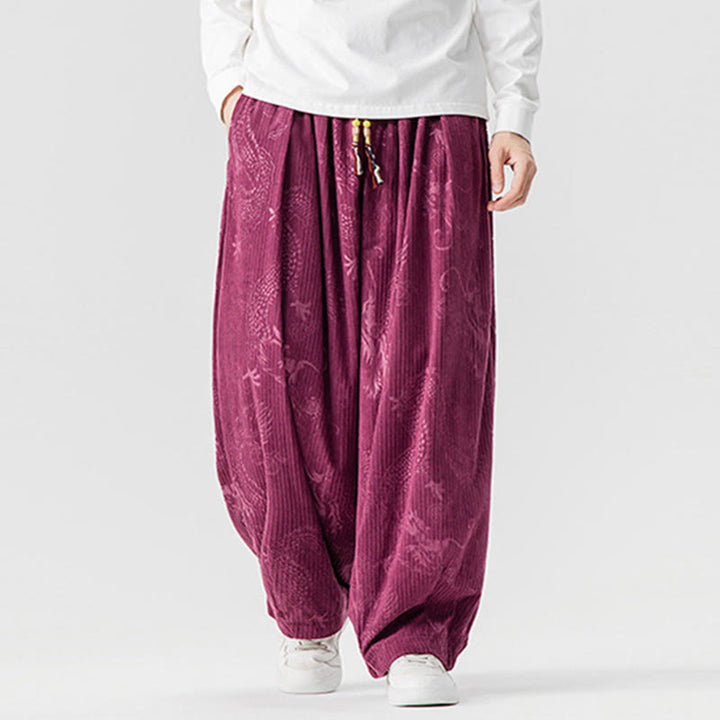 Buddha Stones冬 龍 鳳凰柄 コットンコーデュロイ メンズ ハーレムパンツ ポケット付き - image 10