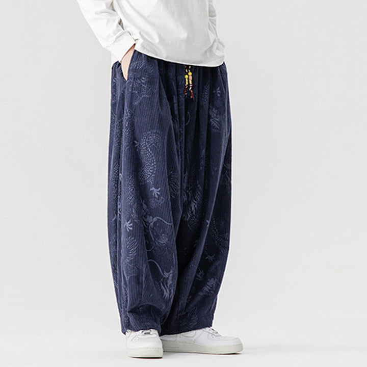 Buddha Stones冬 龍 鳳凰柄 コットンコーデュロイ メンズ ハーレムパンツ ポケット付き - image 19