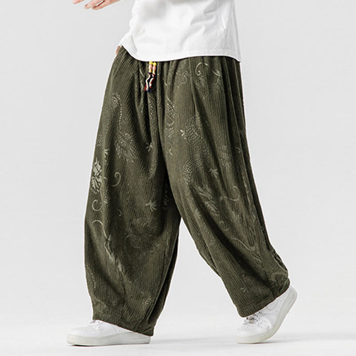 Buddha Stones冬 龍 鳳凰柄 コットンコーデュロイ メンズ ハーレムパンツ ポケット付き - image 4