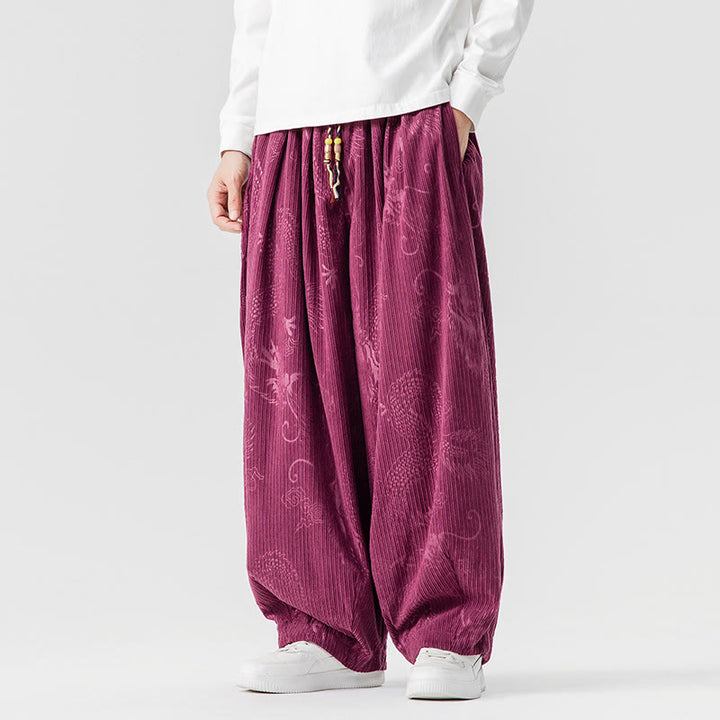 Buddha Stones冬 龍 鳳凰柄 コットンコーデュロイ メンズ ハーレムパンツ ポケット付き - image 11
