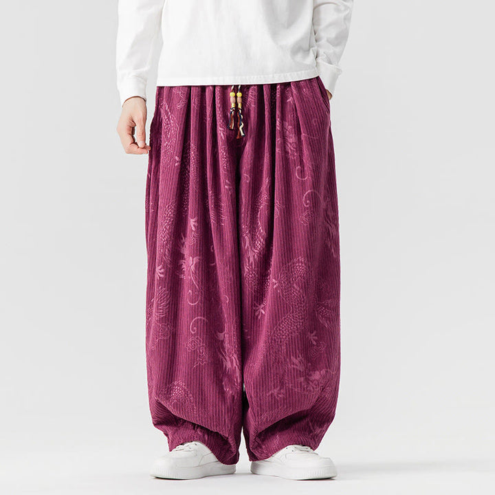Buddha Stones冬 龍 鳳凰柄 コットンコーデュロイ メンズ ハーレムパンツ ポケット付き - ミディアムバイオレットレッド - US/UK/AU46、 EU56 (5XL) - image 9