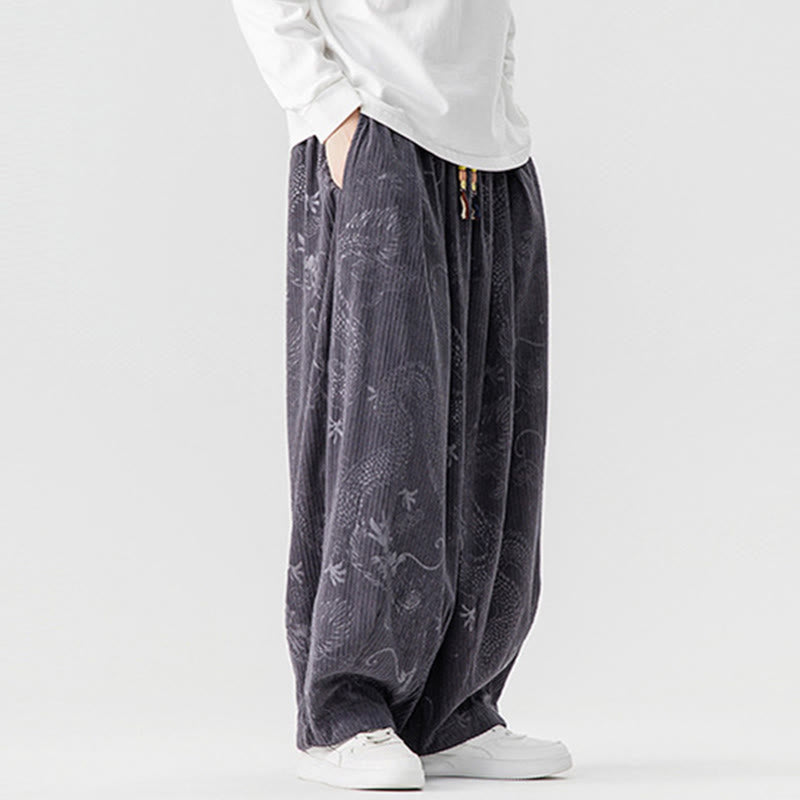 Buddha Stones冬 龍 鳳凰柄 コットンコーデュロイ メンズ ハーレムパンツ ポケット付き - image 26