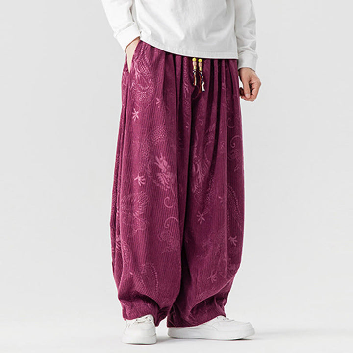 Buddha Stones冬 龍 鳳凰柄 コットンコーデュロイ メンズ ハーレムパンツ ポケット付き - image 12