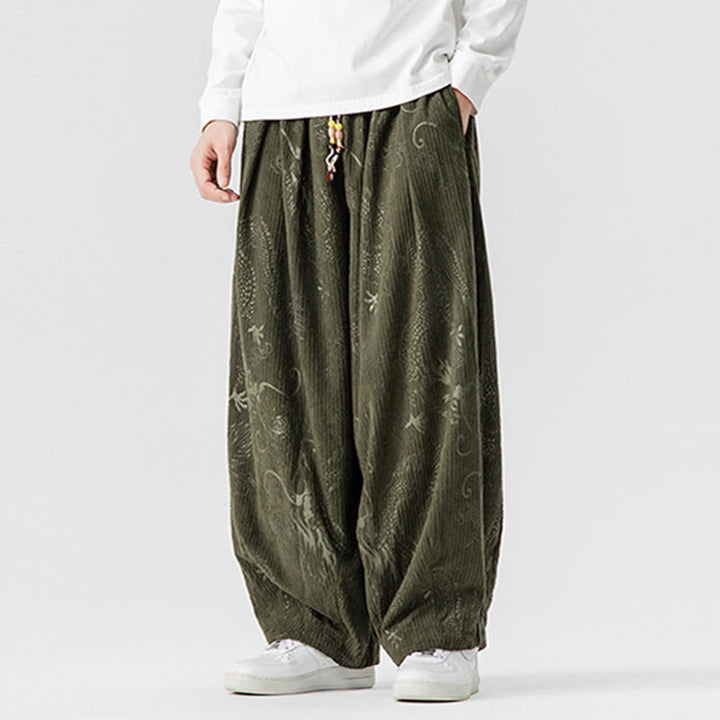 Buddha Stones冬 龍 鳳凰柄 コットンコーデュロイ メンズ ハーレムパンツ ポケット付き - image 2
