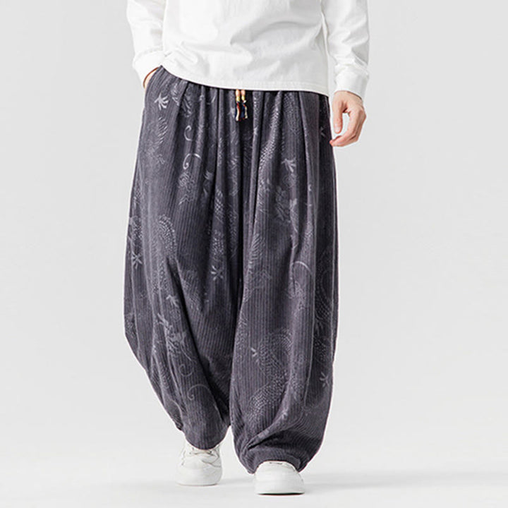 Buddha Stones冬 龍 鳳凰柄 コットンコーデュロイ メンズ ハーレムパンツ ポケット付き - image 25