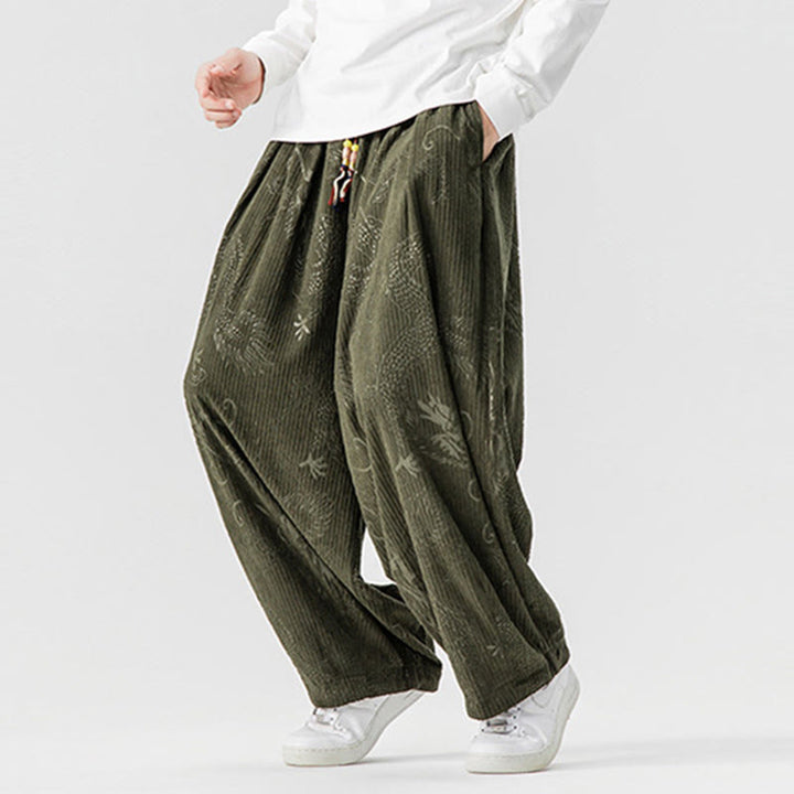 Buddha Stones冬 龍 鳳凰柄 コットンコーデュロイ メンズ ハーレムパンツ ポケット付き - image 6