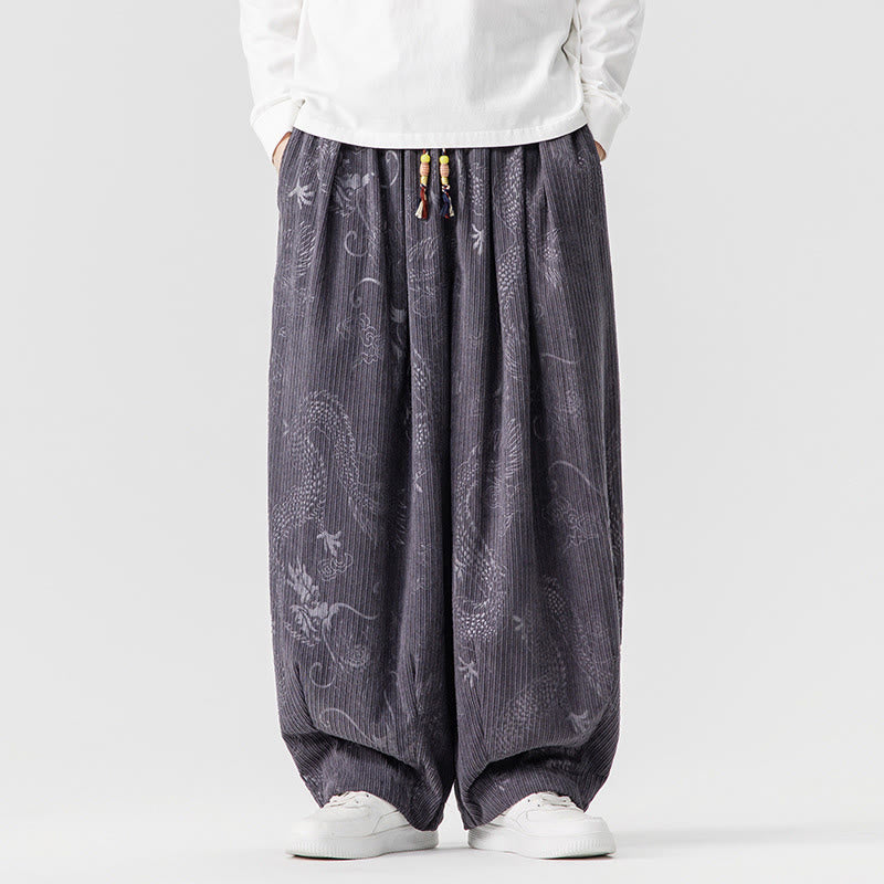 Buddha Stones冬 龍 鳳凰柄 コットンコーデュロイ メンズ ハーレムパンツ ポケット付き - ライトスレートグレー - US/UK/AU46、 EU56 (5XL) - image 24