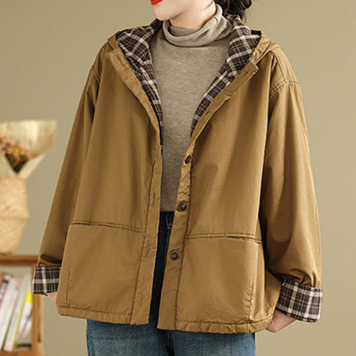 Buddha Stonesのチェック柄パーカー柄 レディース 長袖 コットン 厚手 ジャケット ポケット付き - image 2