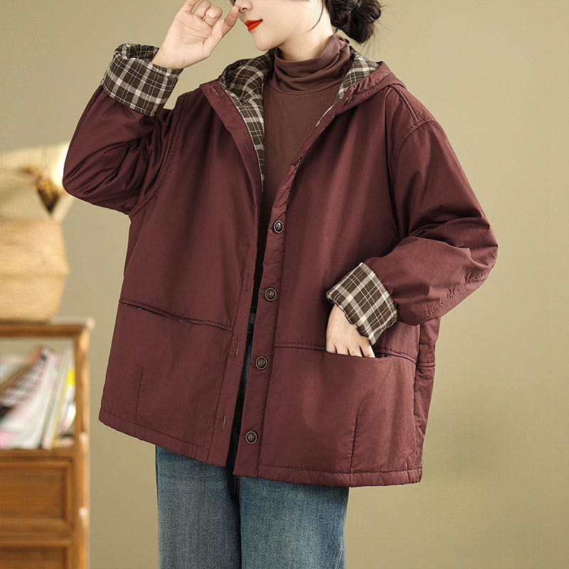 Buddha Stonesのチェック柄パーカー柄 レディース 長袖 コットン 厚手 ジャケット ポケット付き - マルーン - US12、 UK/AU16、 EU44 (XL) - image 4