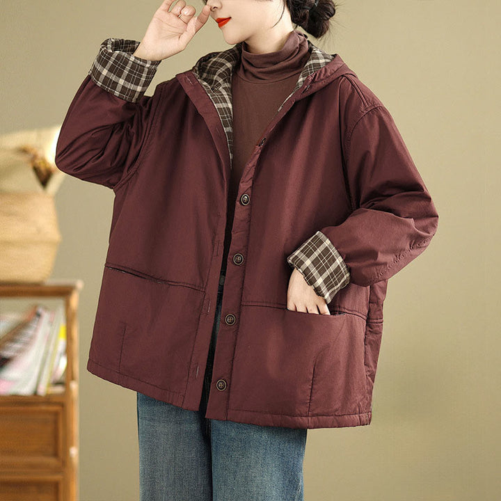 Buddha Stonesのチェック柄パーカー柄 レディース 長袖 コットン 厚手 ジャケット ポケット付き - マルーン - US12、 UK/AU16、 EU44 (XL) - image 4