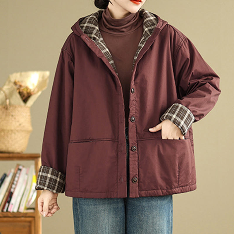 Buddha Stonesのチェック柄パーカー柄 レディース 長袖 コットン 厚手 ジャケット ポケット付き - image 6