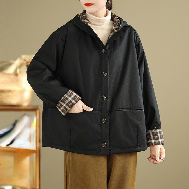 Buddha Stonesのチェック柄パーカー柄 レディース 長袖 コットン 厚手 ジャケット ポケット付き - 黒 - US12、 UK/AU16、 EU44 (XL) - image 13