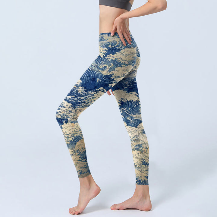 Buddha Stonesと海の波模様プリントのジムレギンス レディース ヨガパンツ - image 2