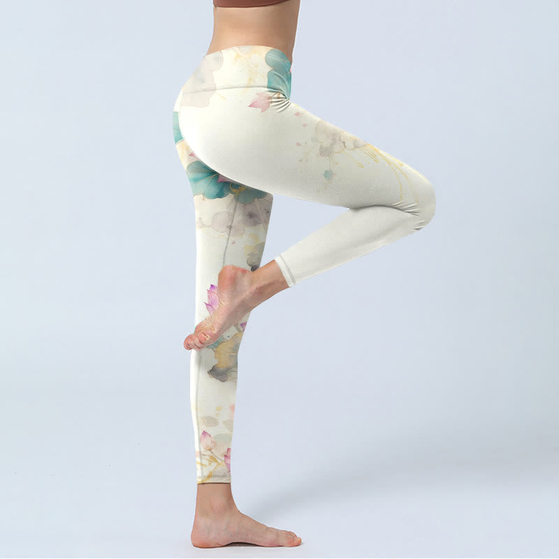 Buddha Stones、蓮の花びら、葉の模様プリントのジムレギンス、レディースヨガパンツ - image 4