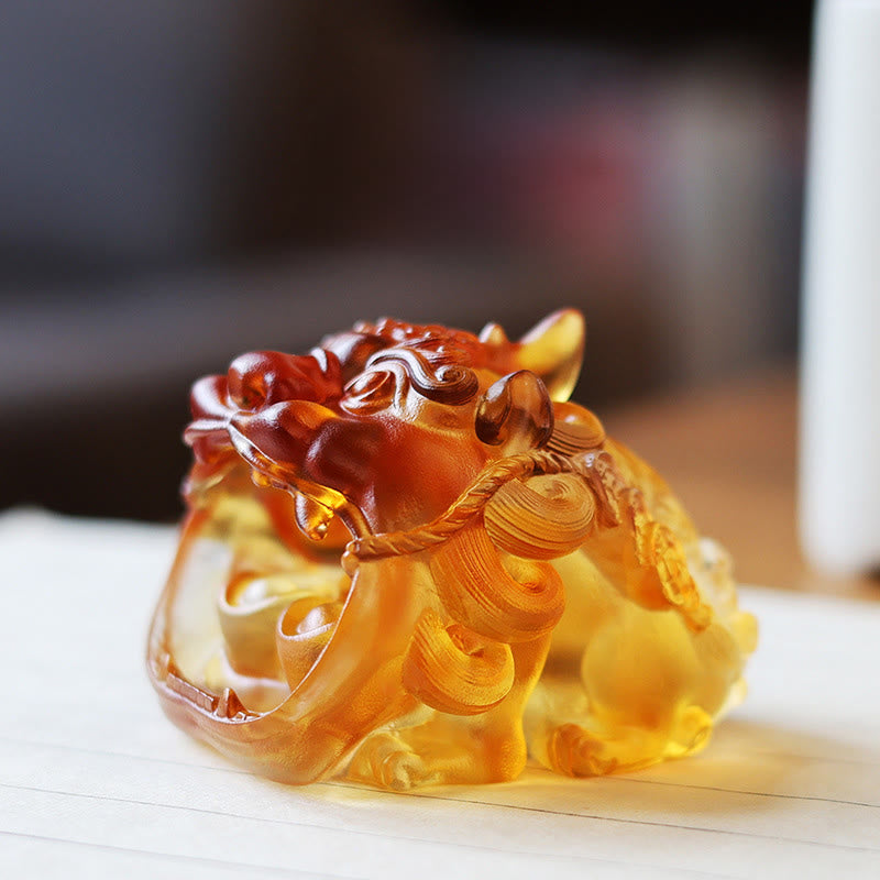 Buddha Stonesハンドメイド 琉璃水晶 ゴールド 飲み込む貔貅 アートピース ホームデコレーション - 黄色のPiXiu7.8*6.5*5.5 cm - image 0