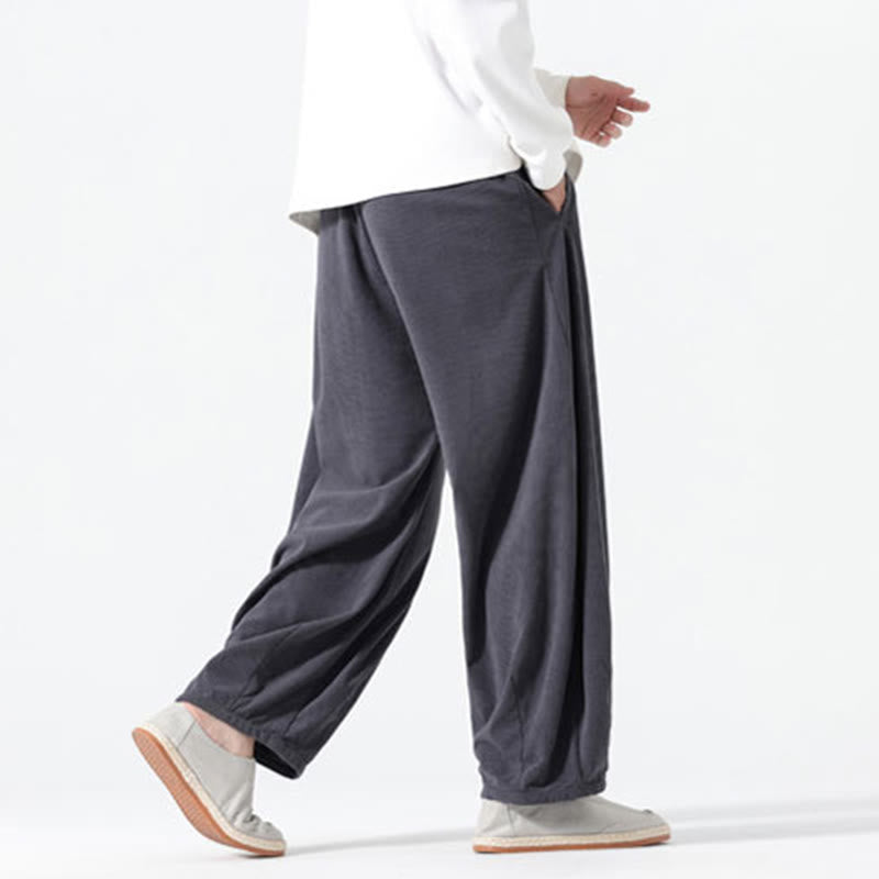 Buddha Stones春 純色 ドローストリングデザイン コーデュロイ コットン メンズ ハーレムパンツ ポケット付き - image 5