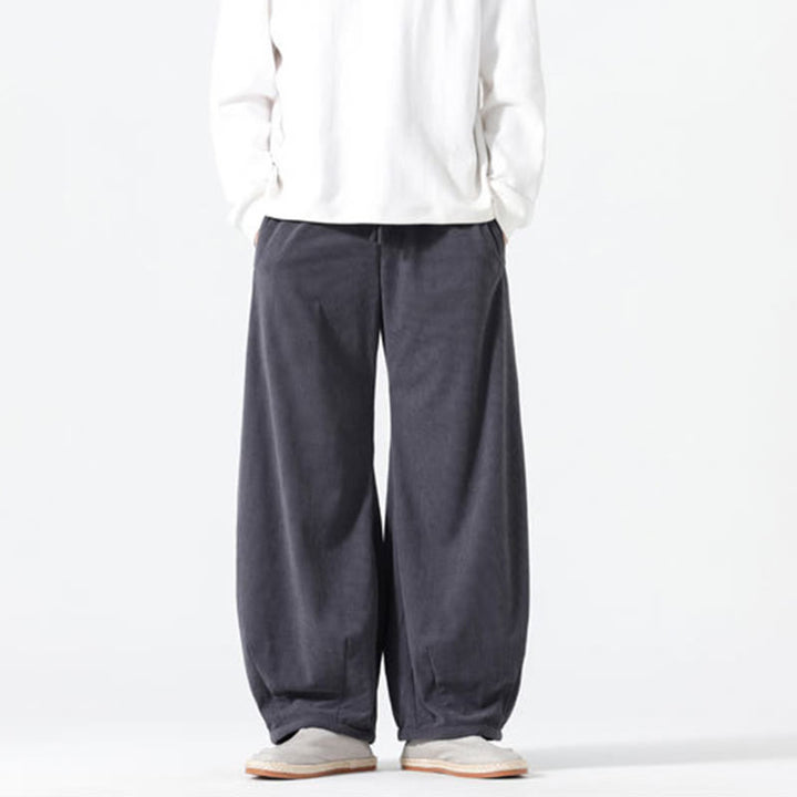 Buddha Stones春 純色 ドローストリングデザイン コーデュロイ コットン メンズ ハーレムパンツ ポケット付き - image 2