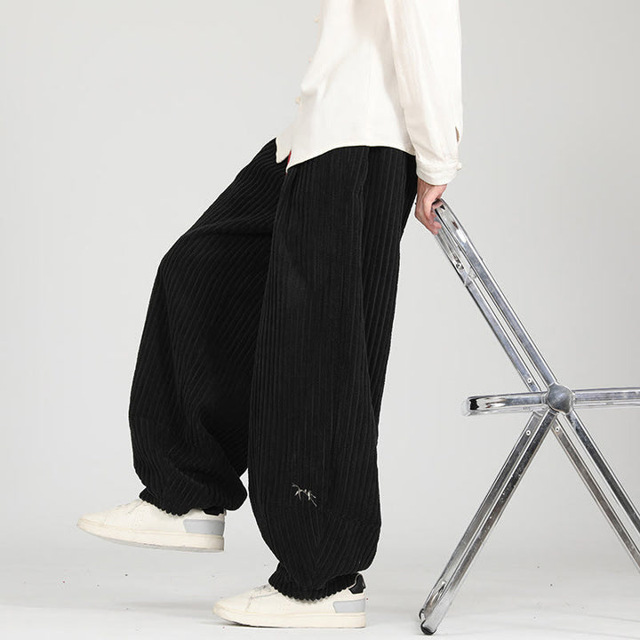 Buddha Stonesカラーコントラストドローストリングデザインコットンメンズハーレムコーデュロイパンツポケット付き - 黒 - US/UK/AU46、 EU56 (5XL) - image 1