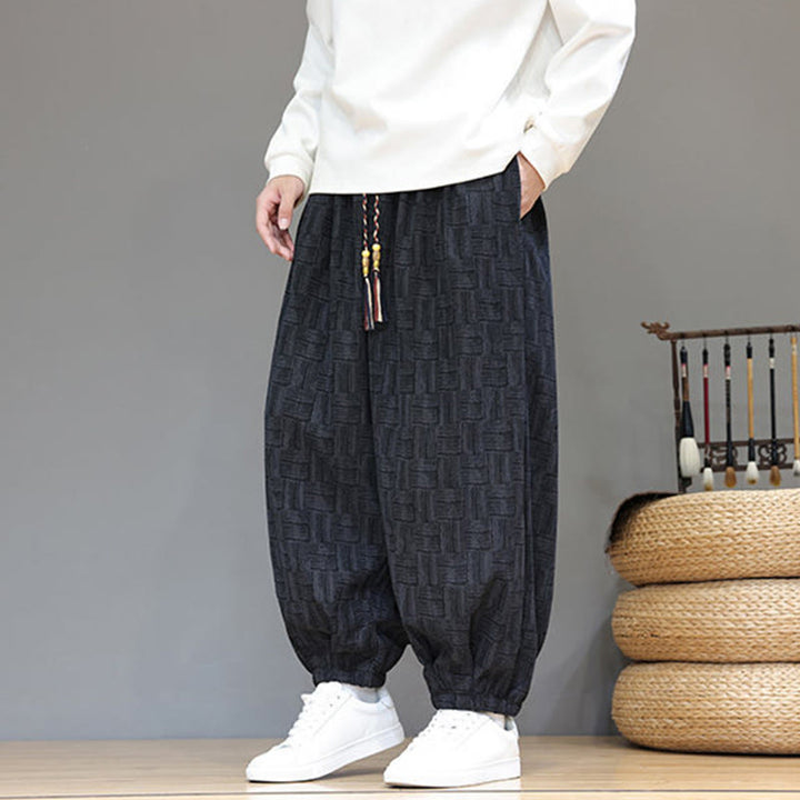 Buddha Stones秋 ジャカード チェック柄 コットン コーデュロイ メンズ ハーレムパンツ ポケット付き - image 2