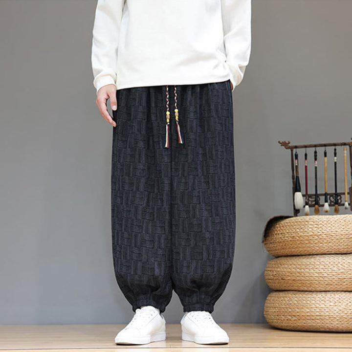 Buddha Stones秋 ジャカード チェック柄 コットン コーデュロイ メンズ ハーレムパンツ ポケット付き - image 6