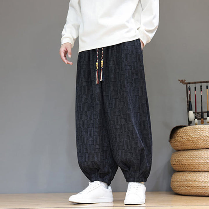 Buddha Stones秋 ジャカード チェック柄 コットン コーデュロイ メンズ ハーレムパンツ ポケット付き - image 4