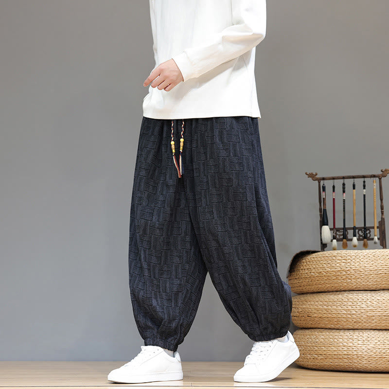 Buddha Stones秋 ジャカード チェック柄 コットン コーデュロイ メンズ ハーレムパンツ ポケット付き - 黒 - US/UK/AU46、 EU56 (5XL) - image 1