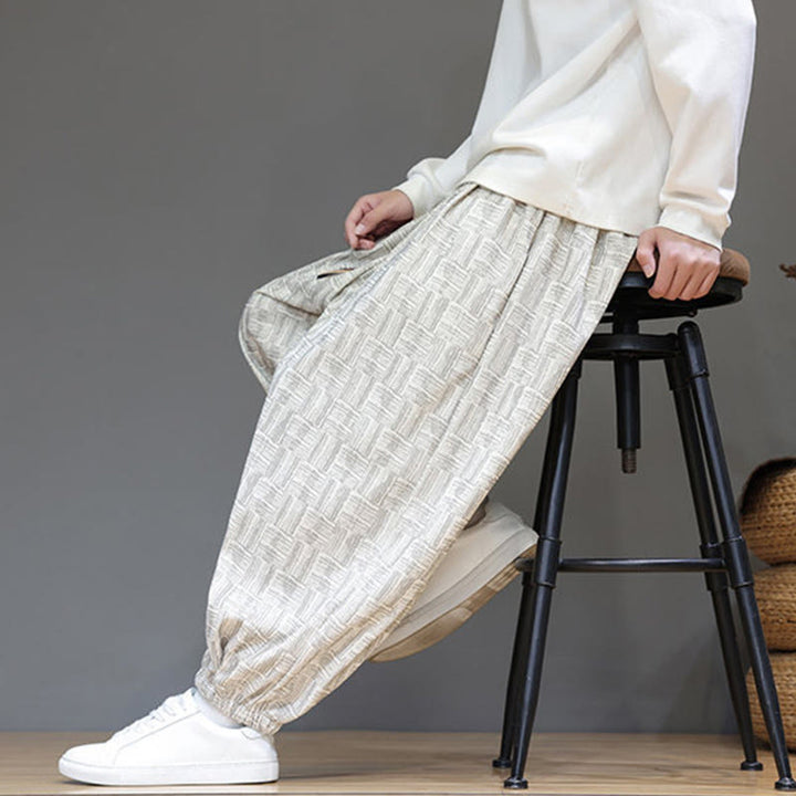 Buddha Stones秋 ジャカード チェック柄 コットン コーデュロイ メンズ ハーレムパンツ ポケット付き - image 18