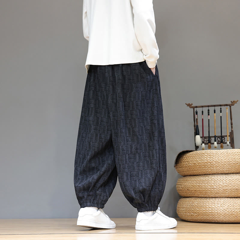 Buddha Stones秋 ジャカード チェック柄 コットン コーデュロイ メンズ ハーレムパンツ ポケット付き - image 7