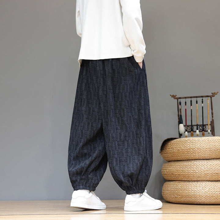 Buddha Stones秋 ジャカード チェック柄 コットン コーデュロイ メンズ ハーレムパンツ ポケット付き - image 7