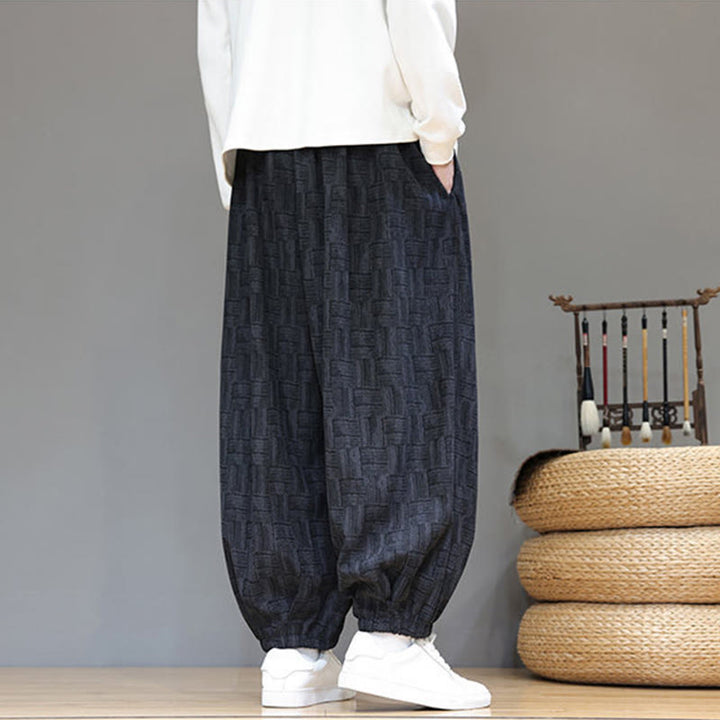 Buddha Stones秋 ジャカード チェック柄 コットン コーデュロイ メンズ ハーレムパンツ ポケット付き - image 3