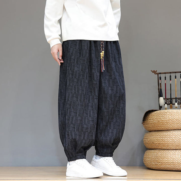 Buddha Stones秋 ジャカード チェック柄 コットン コーデュロイ メンズ ハーレムパンツ ポケット付き - image 5