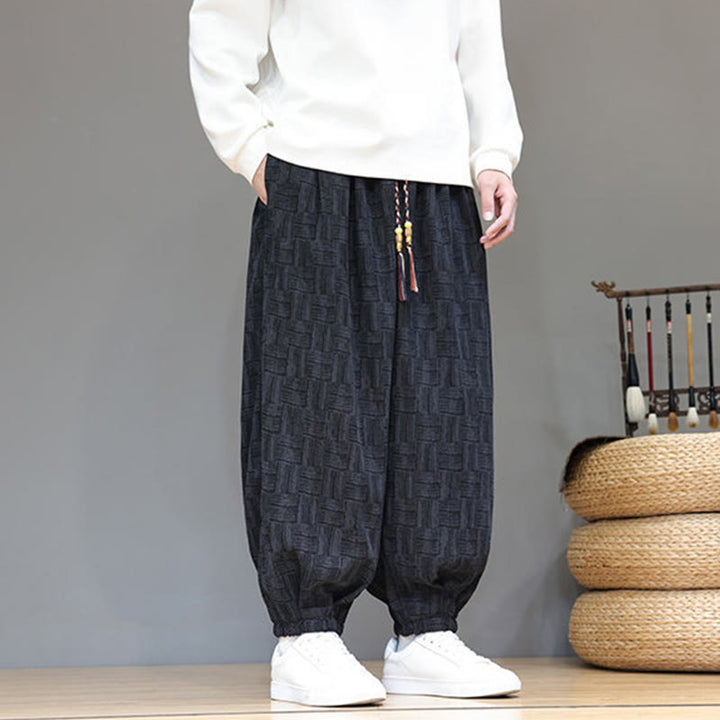 Buddha Stones秋 ジャカード チェック柄 コットン コーデュロイ メンズ ハーレムパンツ ポケット付き - image 8