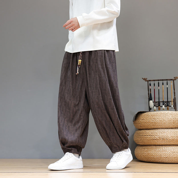Buddha Stones秋 ジャカード チェック柄 コットン コーデュロイ メンズ ハーレムパンツ ポケット付き - サドルブラウン - US/UK/AU46、 EU56 (5XL) - image 0