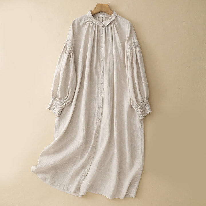 Buddha Stonesベージュ ボタン ラペルデザイン 長袖 コットン ミディドレス ポケット付き - ベージュ - US8-10，UK/AU12-14，EU40-42 (2XL) - image 0