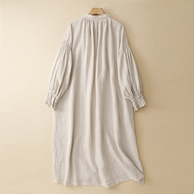 Buddha Stonesベージュ ボタン ラペルデザイン 長袖 コットン ミディドレス ポケット付き - image 1