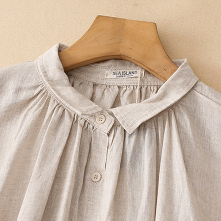 Buddha Stonesベージュ ボタン ラペルデザイン 長袖 コットン ミディドレス ポケット付き - image 2