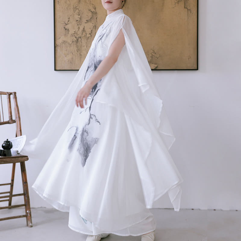 Buddha Stonesホワイトインクプリントデザイン 半袖 レディース 瞑想 ミディドレス パンツ 禅服 - ドレス＆インクパンツ - US8-10，UK/AU12-14，EU40-42 (2XL) - image 0