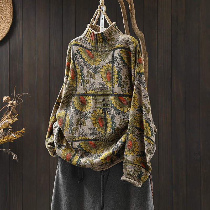 Buddha Stonesひまわり柄 モックネック 長袖 レディース コットンセーター - リネン - US4-8/10、 UK/AU8-12/14、 EU36-40/42 (F) - image 0