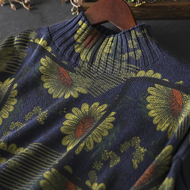 Buddha Stonesひまわり柄 モックネック 長袖 レディース コットンセーター - image 7